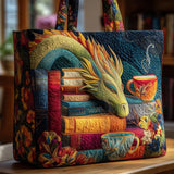 Quilted Tote Bag - Reading Dragon with Books and Mugs