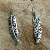 Retro Leaf Design Earrings Featuring Inlaid Turquoise Stone
