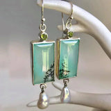 Retro Rectangular Earrings Featuring Turquoise Stone and Pearl Accents