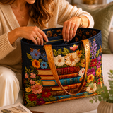 Quilted Tote Bag - Floral and book print