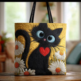 Quilted Tote Bag - Black Cat with Daisies