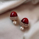 Pearl-Accented Red Walnut Earrings