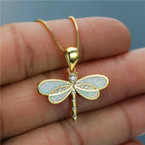 Opal-Embellished Gold Dragonfly Necklace