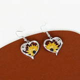 Retro Bohemian Dangle Earrings Featuring Sunflower and Bee Heart Design