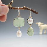 Unique Asymmetric Earrings with Pearl and Green Enamel Accents