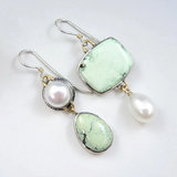 Unique Asymmetric Earrings with Pearl and Green Enamel Accents