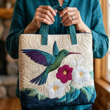 Quilted Tote Bag - Hummingbird and White Flower