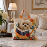 Quilted Tote Bag - Shih Tzu with Books and Flowers