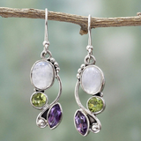 Silver Vintage Earrings Featuring Crystal and Violet & Green Moonstone