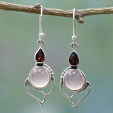 Antique Silver Earrings Featuring Moonstone and Red Crystals