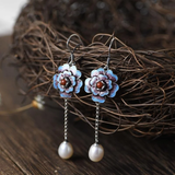 Classic Blue Floral Earrings Adorned with Pearls