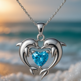 Double Silver Dolphin Necklace with Love Design