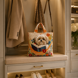 Quilted Tote Bag - Shih Tzu with Books and Flowers