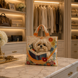 Quilted Tote Bag - Shih Tzu with Books and Flowers