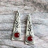 Artisan Silver Earrings Featuring Geometric Red Gemstones