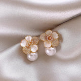 White Camellia Pendant Earrings with Pearl Accents