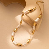 Retro Necklace Featuring Rectangular Gold and White Pearls
