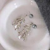Elegant Silver Leaf Drop Earrings with Pearls