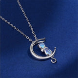Crescent Moon and Cat Moonstone Pendant Necklace
