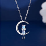 Crescent Moon and Cat Moonstone Pendant Necklace