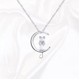 Crescent Moon and Cat Moonstone Pendant Necklace