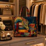 Quilted Tote Bag - Reading Dragon with Books and Mugs