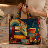 Quilted Tote Bag - Reading Dragon with Books and Mugs