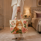 Quilted Tote Bag - Ginger Cat with Roses