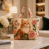 Quilted Tote Bag - Ginger Cat with Roses