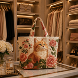 Quilted Tote Bag - Ginger Cat with Roses
