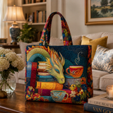 Quilted Tote Bag - Reading Dragon with Books and Mugs