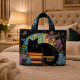 Quilted Tote Bag - Black Cat on Books