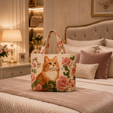 Quilted Tote Bag - Ginger Cat with Roses